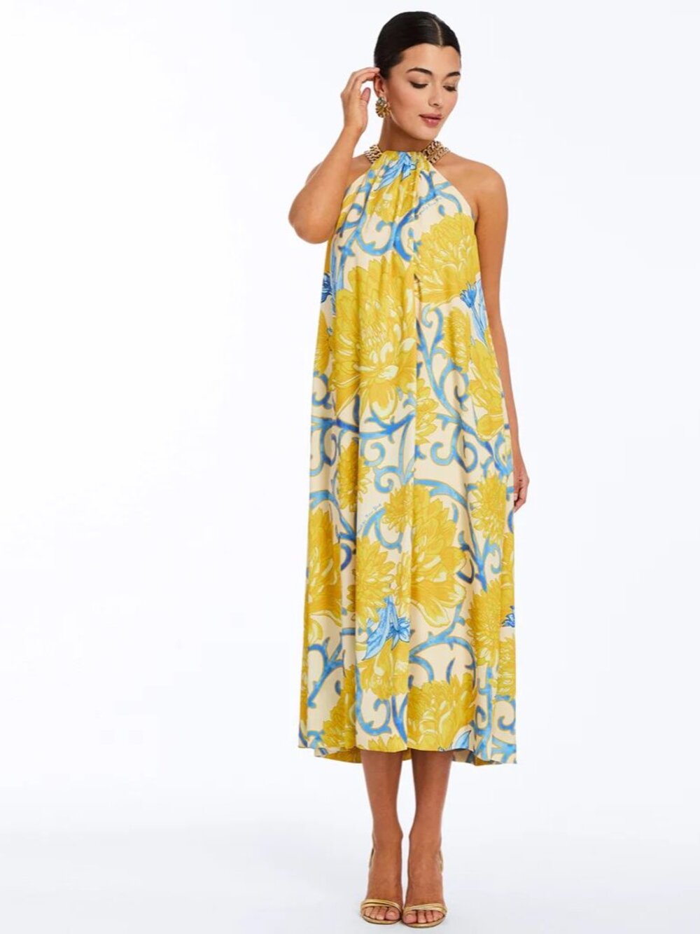 Mestiza New York Bijou Printed Twill Chain Halter Sleeveless Midi Dress Small